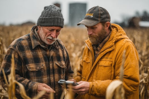 Two men in a field looking at a cell phone photo