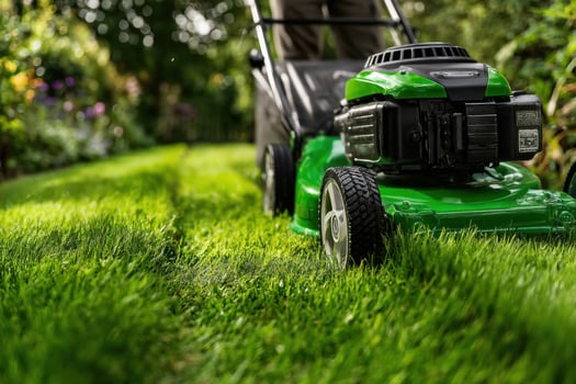 A green lawn mower is being used in the yard photo