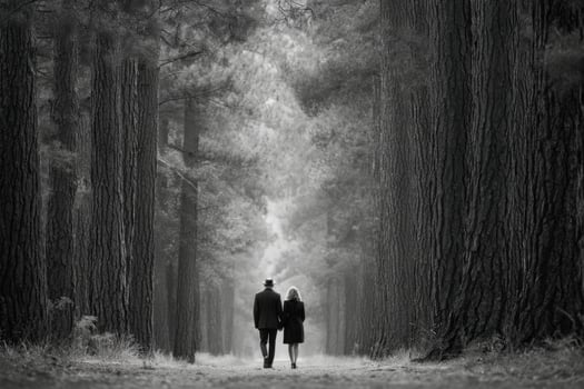 A man and woman walking through a forest photo