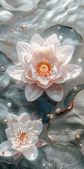 A painting of two white lotus flowers floating in water photo