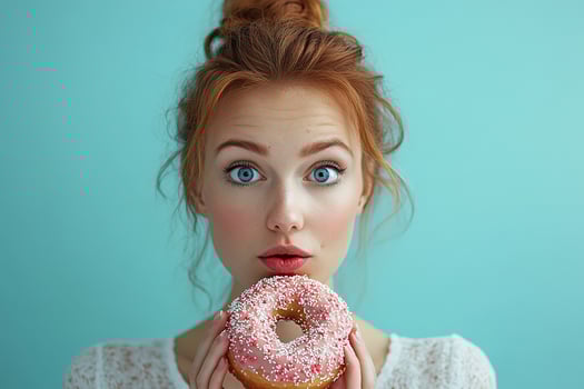 Red-haired woman holds a delicious glazed donut near her mouth. photo