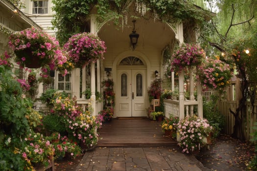 A beautiful white house with flowers on the front porch photo