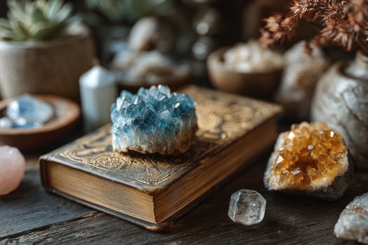 Crystal stones and books on a table photo