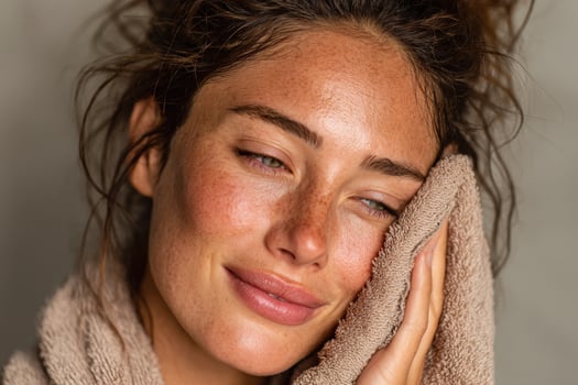 A woman with freckles is holding her face photo