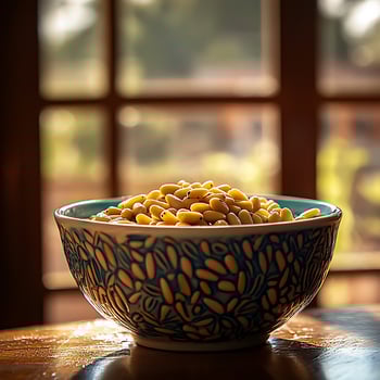 Sunlit Bowl of Pine Nuts on Wooden Table. A close-up photograph of a bowl filled with pine nuts, illuminated by sunlight streaming through a window. photo