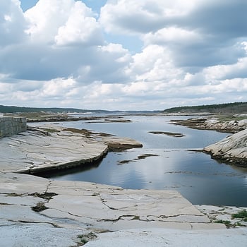Serene Coastal Inlet A Picturesque View of a Rocky Shoreline Under a Cloudy Sky. photo