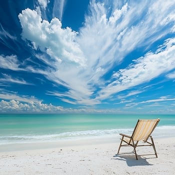 Serene Beach Scene Empty Beach Chair Under a Dramatic Sky. photo