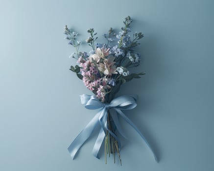 A bouquet of flowers tied with a ribbon on a blue background photo