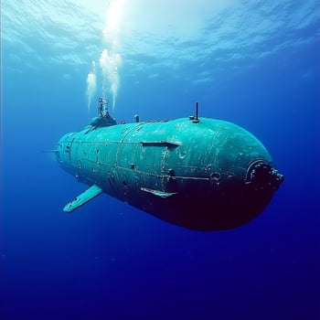 Submerged A Teal Submarine in Deep Ocean Waters. This underwater image captures the serene beauty of a submarine navigating the deep blue. photo