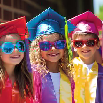 Happy Graduates Preschool Children in Colorful Graduation Caps and Sunglasses. photo