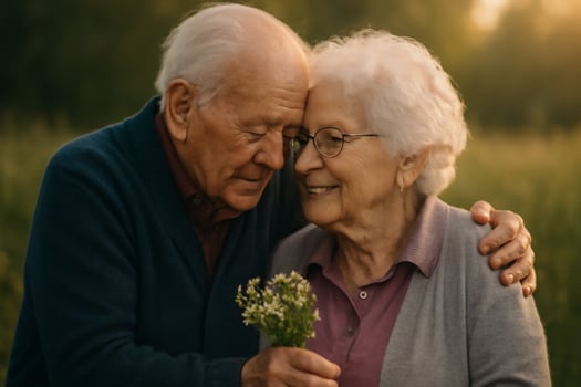 Elderly couple embracing in a field photo