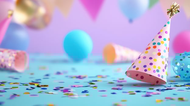 Golden glittery party blurred standing on colorful confetti with hat balloons in the background, celebrating a joyful occasion photo