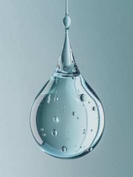 Water droplet hanging from a string on a blue background photo