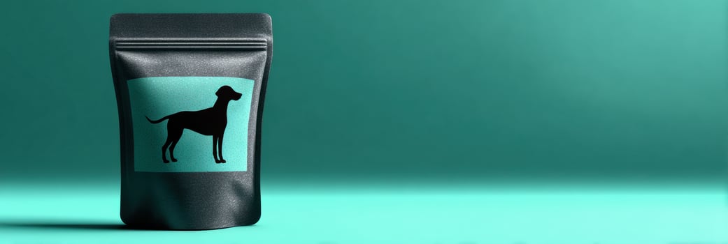 Sleek Pouch Packaging Design Mockup Featuring a Dog Silhouette Against a Faded Turquoise Background photo