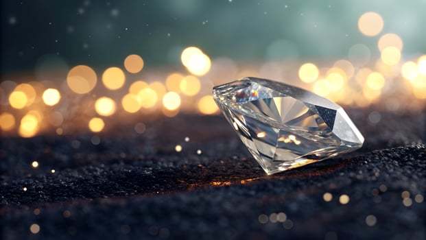 Elegant diamond sparkles with bright light over dark sand in stunning luxurious presentation photo