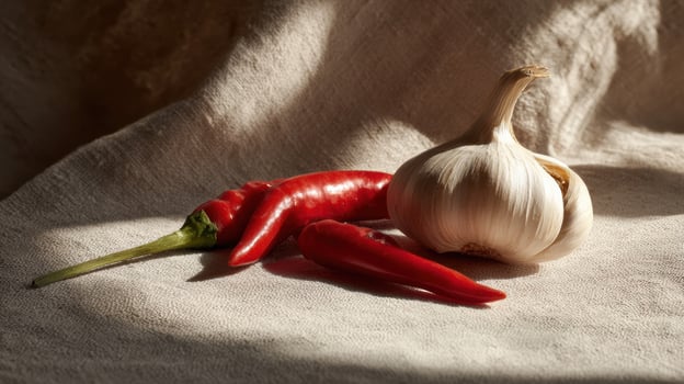 Vibrant Red Chili and Garlic on a Clean Cloth Surface Casting Sharp Shadows in a Natural Light Setting photo
