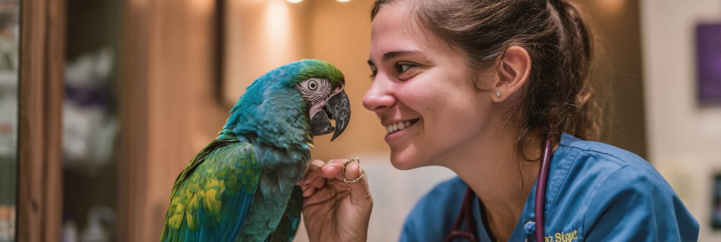 Vet Assistant Enjoys Playful Moment With Parrot in Bright Animal Clinic Corner During Afternoon photo