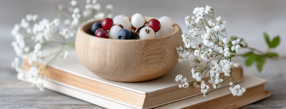 A wooden bowl with a bunch of pills on top of books photo