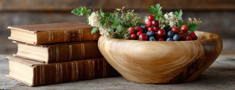 A wooden bowl with berries and flowers sitting on top of some books photo
