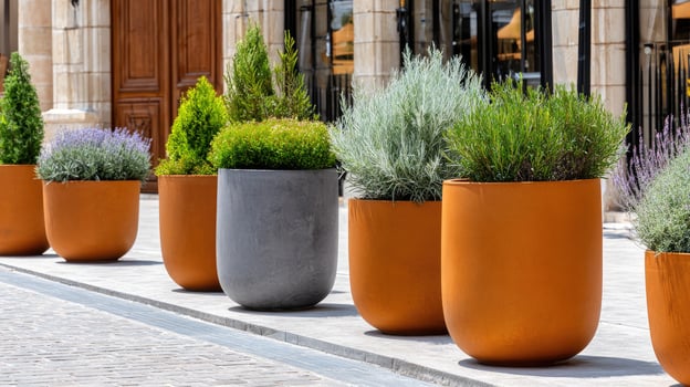 A row of orange planters lined up on a street photo