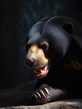 Malayan Sun Bear Enjoys Self-Care While Relaxing in a Glowing Forest Setting During a Serene Moment photo