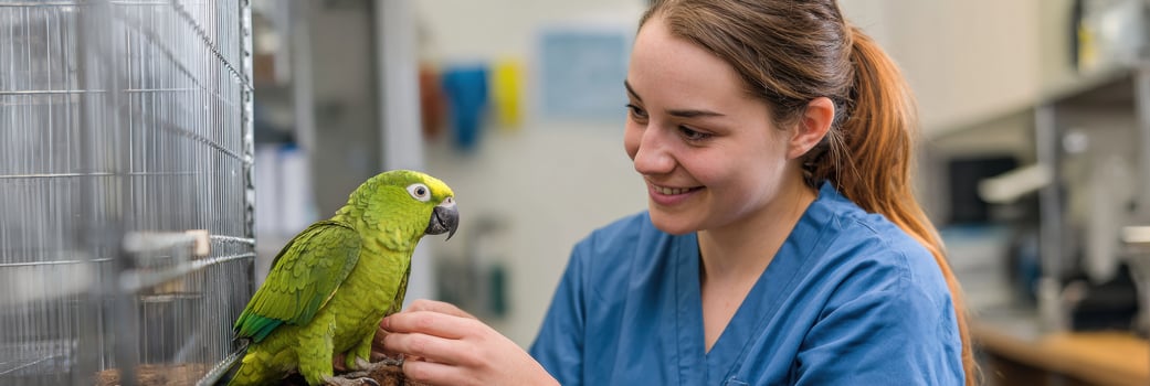 Vet Assistant Enjoys Playful Moment With Parrot in Bright Clinic Corner During a Typical Day at Work photo