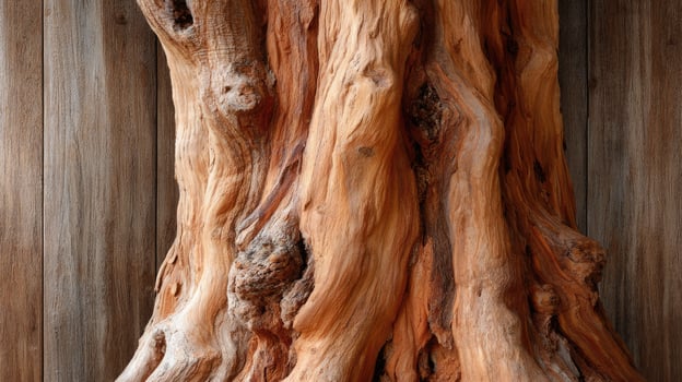 A close up of a tree trunk with a wooden wall photo