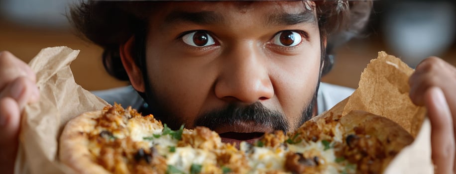A man with a face full of pizza photo