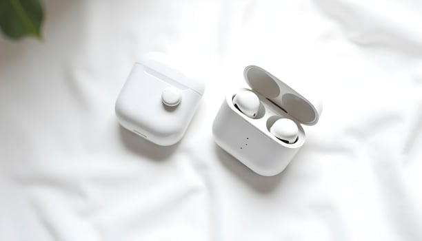 Wireless Earbuds Flat-Lay On Linen Surface photo