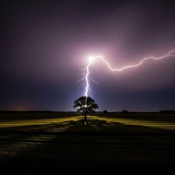 A lightning bolt strikes a tree in a field photo