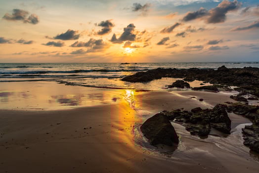 Dramatic sunset sky over the sea Khao Lak Thailand. Cloudy sunset and sunrise sky at sea concept panorama image. photo