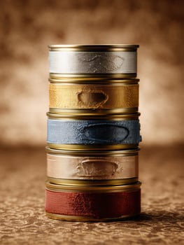 Gourmet Wet Food Cans Stacked Elegantly in Soft Lighting, Creating a Sophisticated Display on a Tidy Surface in a Cozy Setting photo