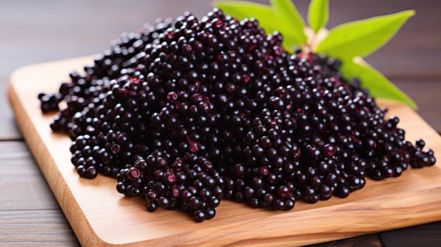 Pile of fresh elderberries on a wooden board. photo