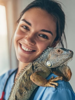 Smiling Vet Assistant With Iguana on Shoulder at Clinic During Bright and Cheerful Day photo