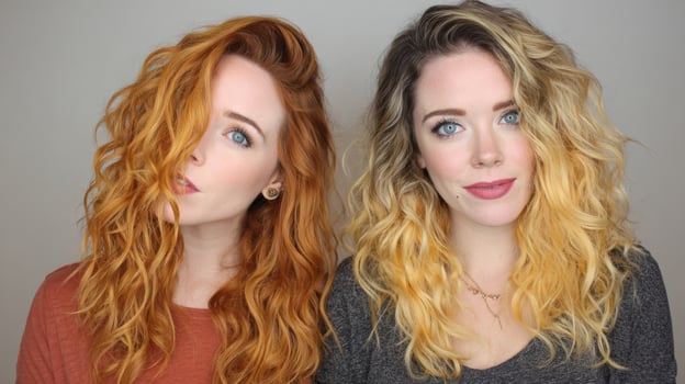 Two Tone Wavy Hair Transformation Featuring Copper and Blonde Split Dye on Curly Hair for a Stylish Look photo