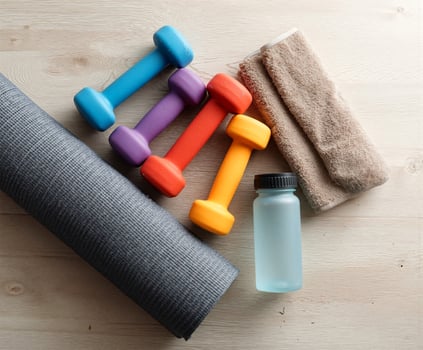 Precise arrangement of colorful dumbbells, towel, mat, and water bottle for a fitness routine in a home gym photo