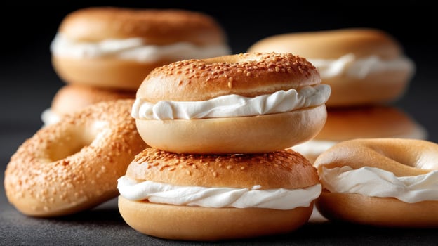 Stack of bagels topped with cream cheese. photo