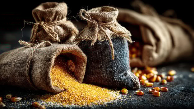 Corn spilling from burlap sacks, rustic harvest scene. photo