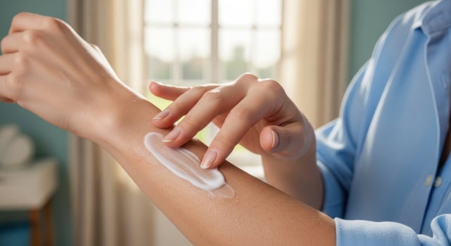 Woman applying white moisturizing cream to her forearm for dry skin care and hydration photo