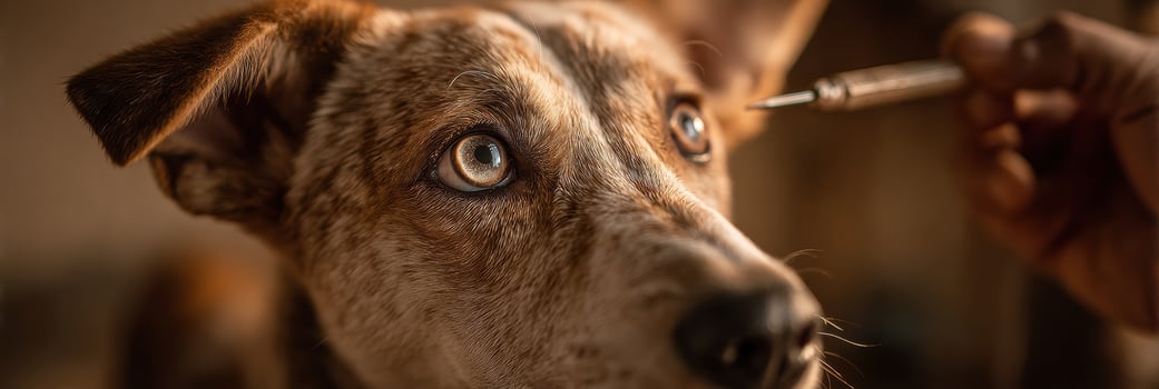 Vet Examining Dogs Eyes With Specialized Tool in Warm Indoor Light, Highlighting Compassionate Care for Pets photo