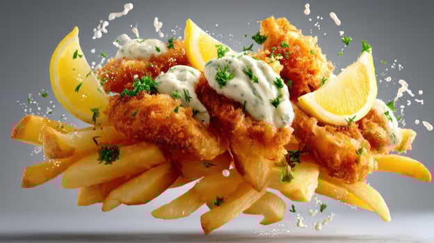 Crispy fried fish with fries and lemon. photo