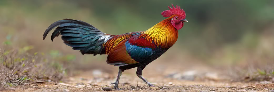 Vibrant Sri Lankan Junglefowl Displays Its Colorful Plumage in the Top Light Zone of a Lush Jungle Setting photo