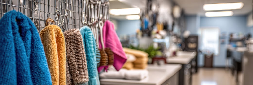 Pet Grooming Area With Colorful Towels and Grooming Tools in a Veterinary Clinic Setup photo