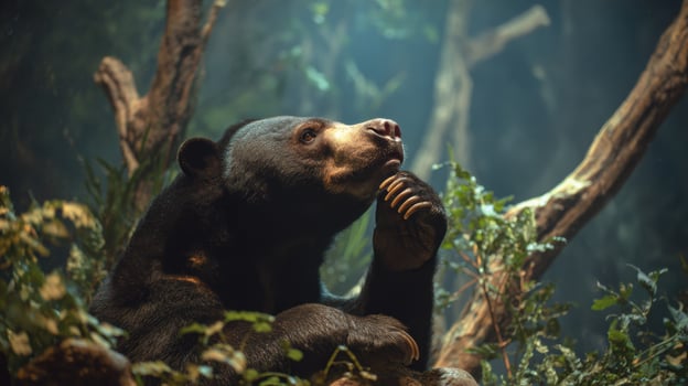 Malayan Sun Bear Licking Its Paw in a Glowing Forest During Twilight Hours photo