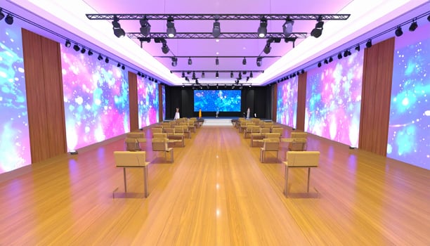 High-Tech Auditorium with Glowing Cosmic LED Walls and Symmetrical Seating photo
