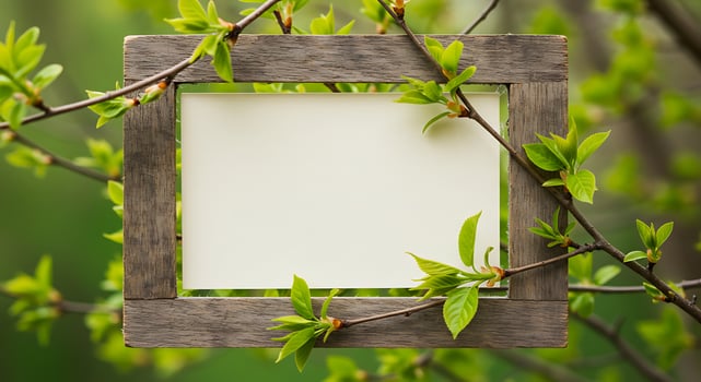 A blank white paper frame hanging on a tree branch photo