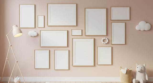 A room with a white wall, a lamp and a few frames photo