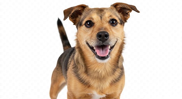 A dog is standing in front of a white background photo
