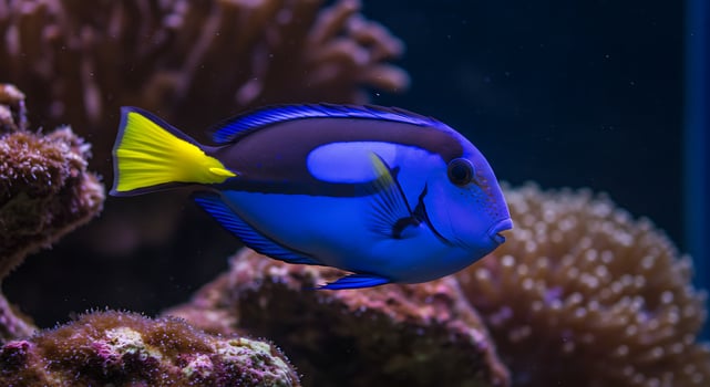 A blue and yellow fish with yellow eyes photo