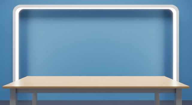 Table with a blue wall and a neon sign photo